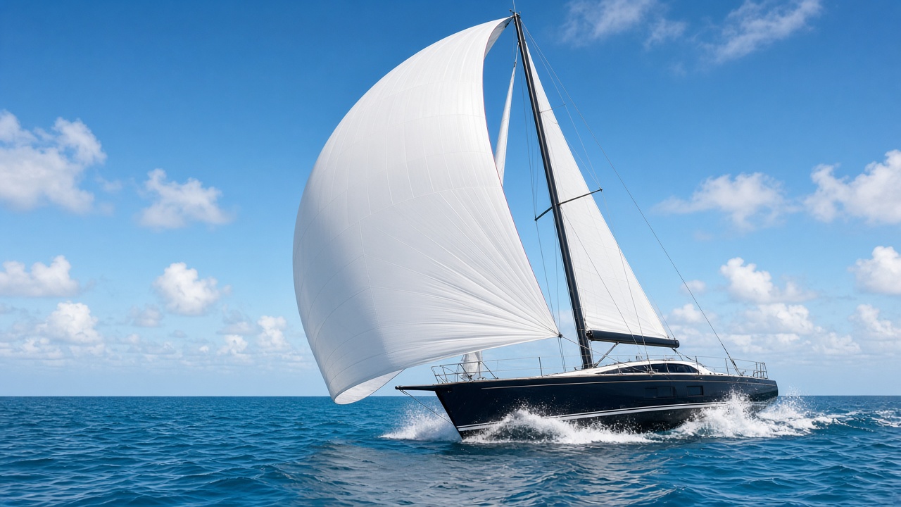 Zeilboot met een bolle witte spinnaker op helderblauw water, vastgelegd vanuit een lage hoek in zonlicht