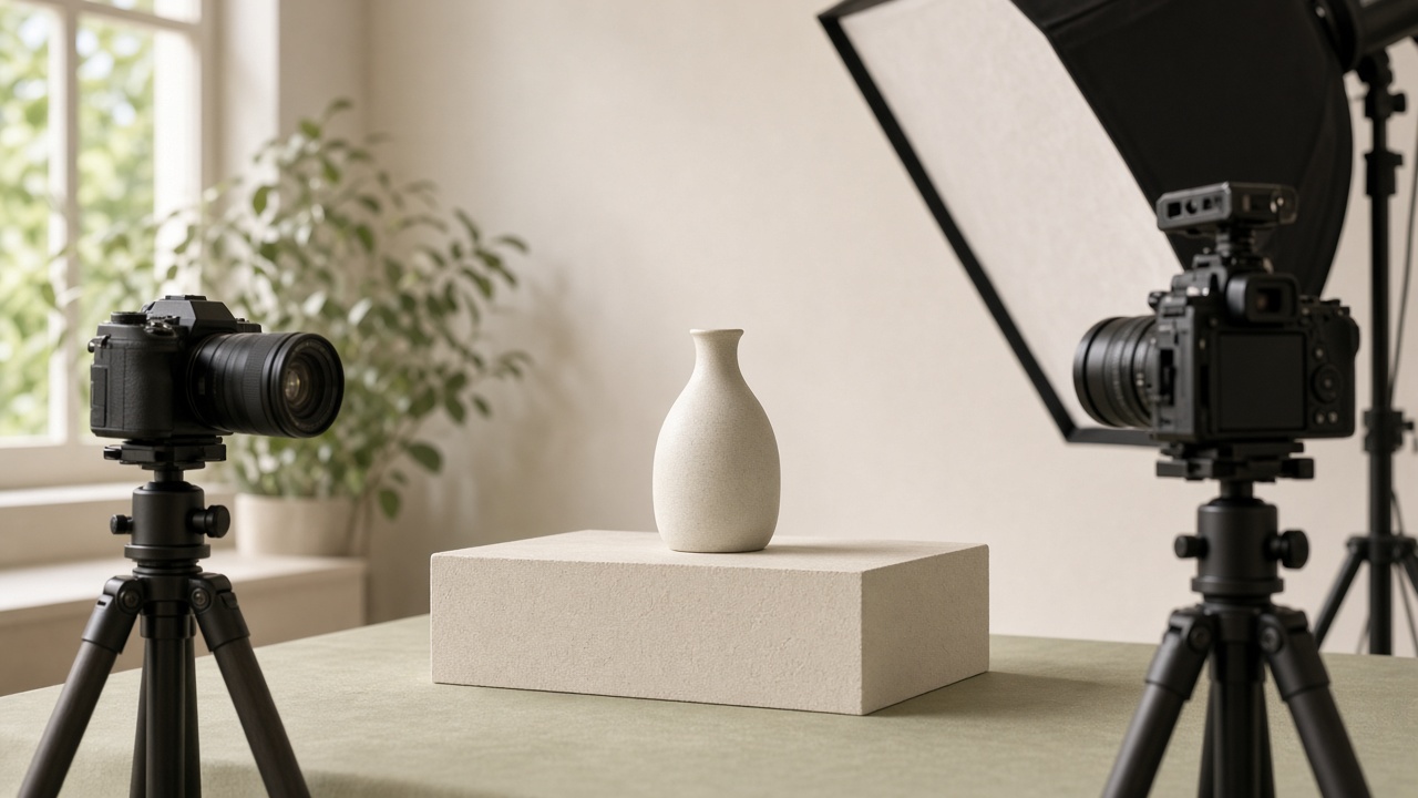 Camera op statief naast een fotolamp in een lichte studio, klaar om zowel foto als video op te nemen