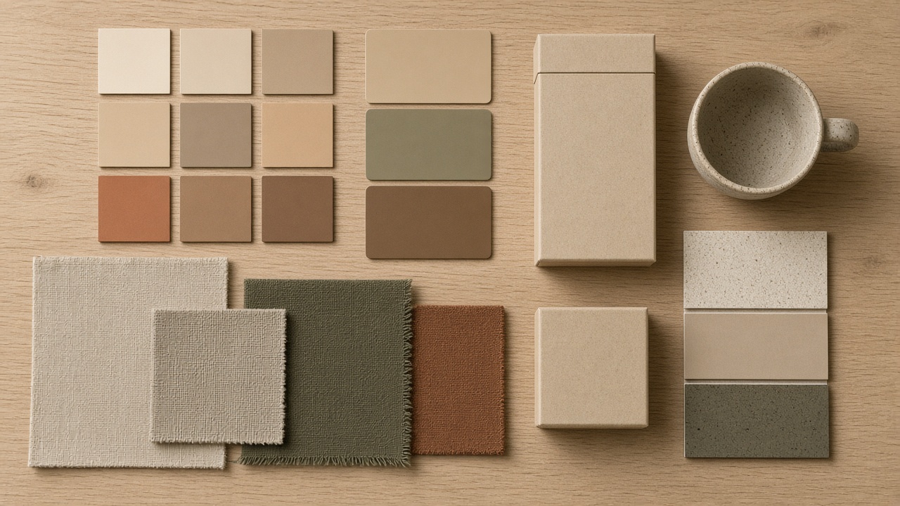 Kleurstalen, stofstalen en productverpakkingen netjes geordend op een lichte tafel, als moodboard voor een merk