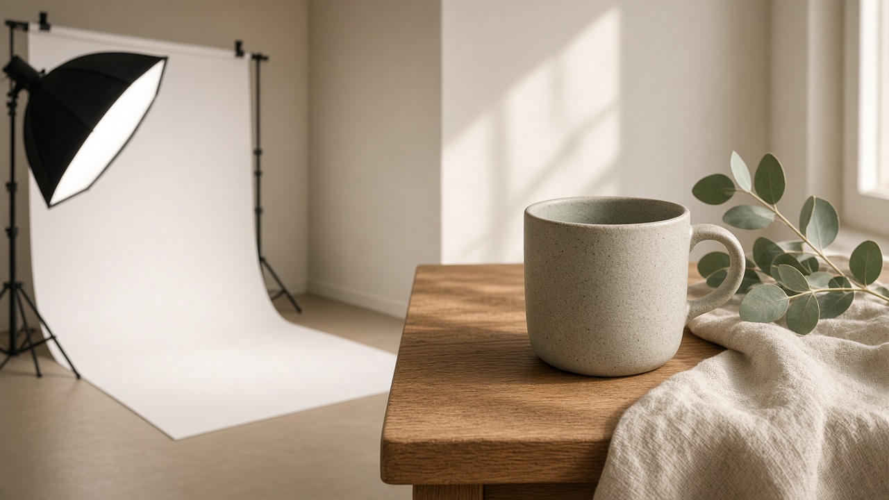 Een handgemaakte keramische kop op een houten tafel in zacht ochtendlicht, naast een minimalistische studio-opstelling met een witte achtergrond