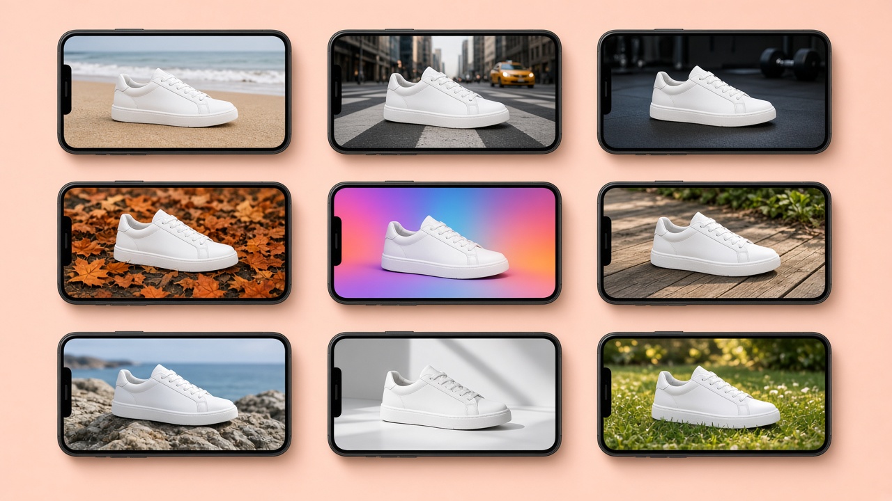Een raster van smartphoneschermen met kleurrijke productbeelden van sneakers in verschillende settings, op een effen pastelachtergrond