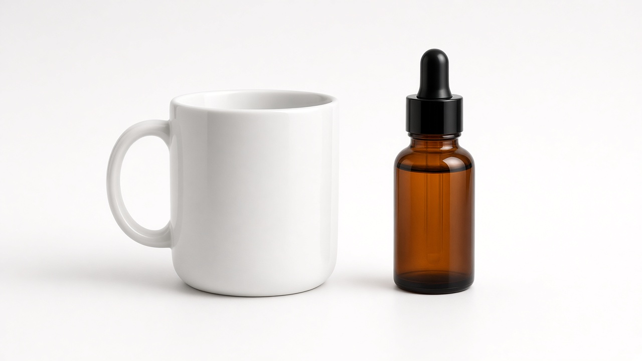 Une tasse en céramique blanche et un flacon en verre ambré sur un fond blanc uni, dans un studio photo lumineux à la lumière douce