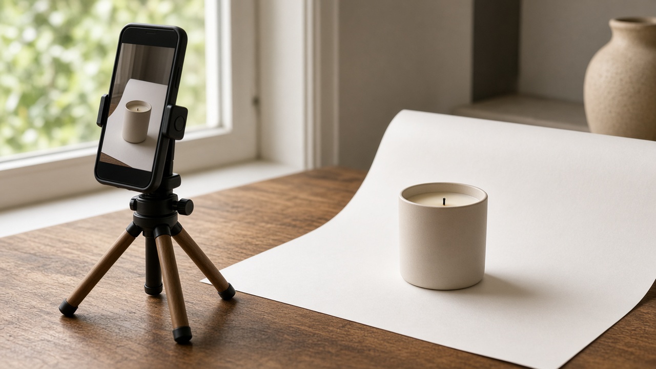 Een smartphone op een klein statief fotografeert een handgemaakte kaars op wit karton bij een raam met zacht daglicht